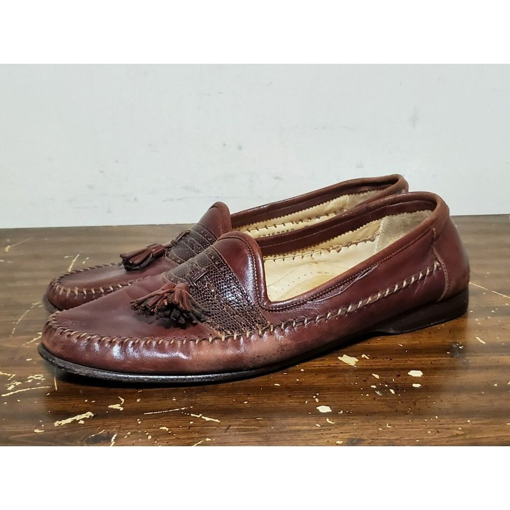 Santoni Tassel Loafers Lizard Skin Accent Men's Size 10.5 D Brown‎ 42162050